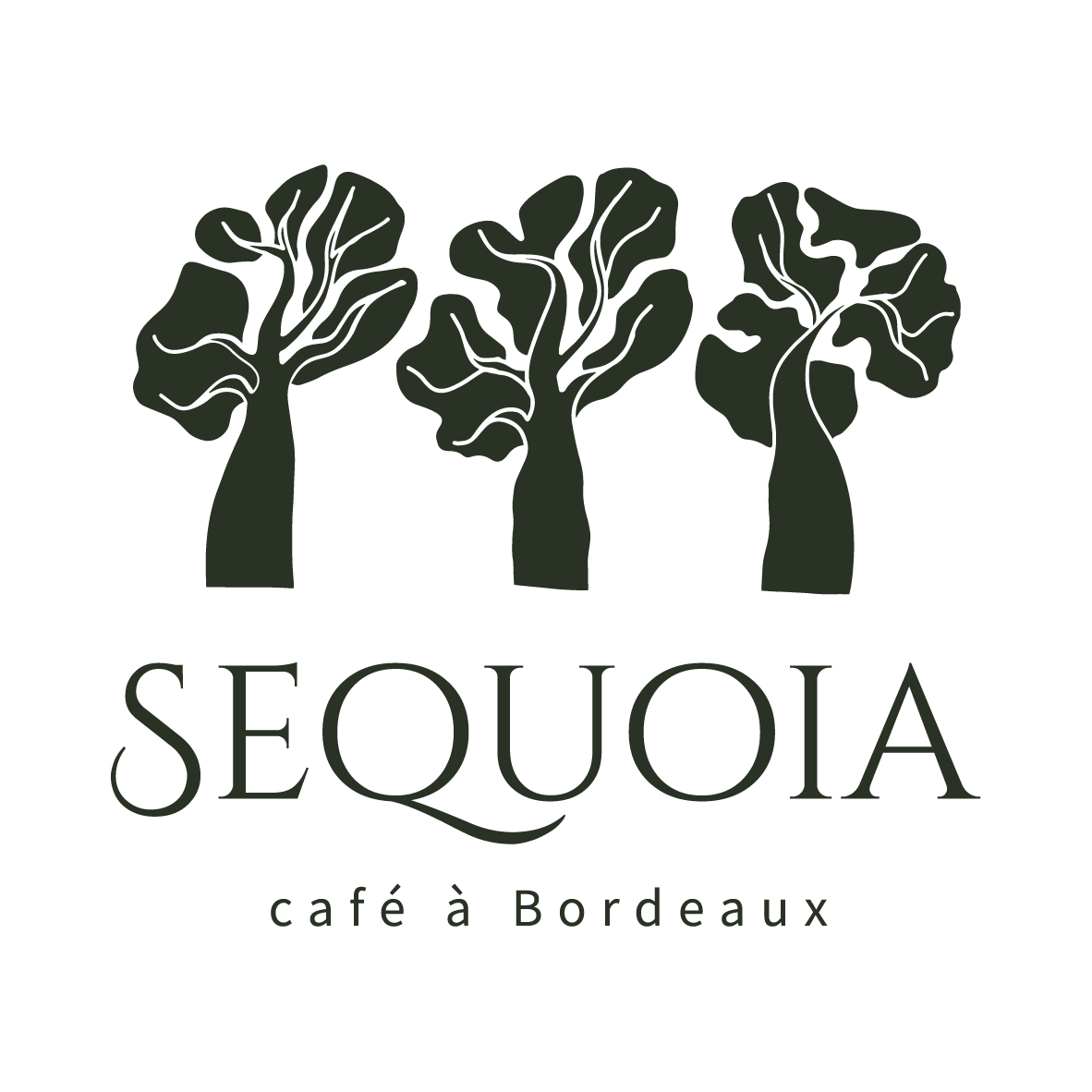 Логотип SEQUOIA: три стилизованных дерева и название кофейни