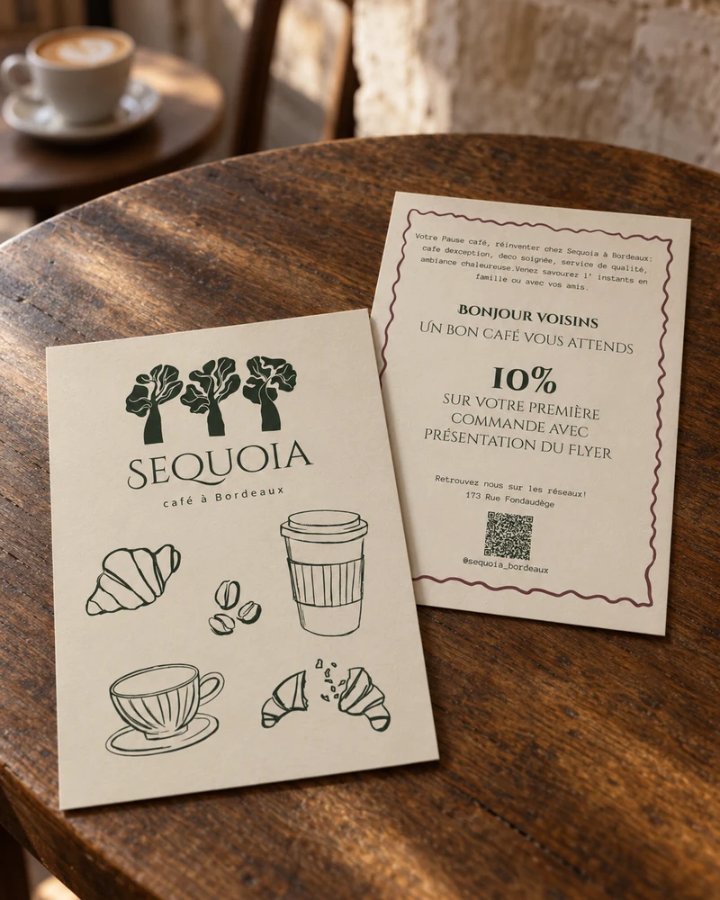 Печатные материалы и иллюстрации SEQUOIA рядом с кофе